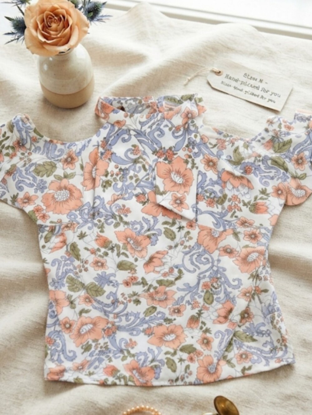 Floral Ruffle Halter Blouse - White with Peach & Blue